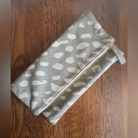Clare V. Gray and Cream Leather Jaguar Leopard Patterned Clutch